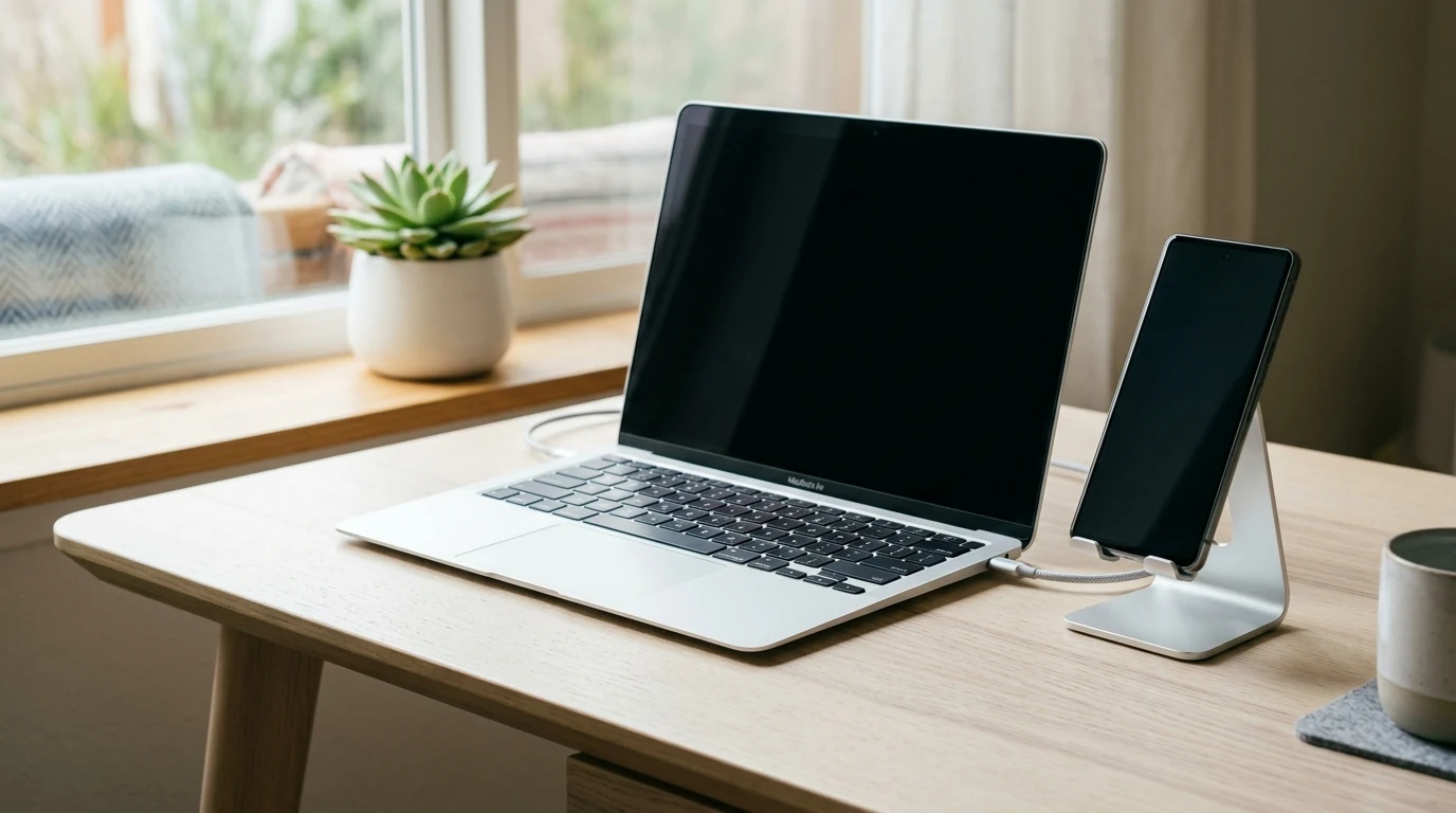 Clean home office desk in natural daylight with an open silver laptop and a smartphone mounted on an aluminum stand