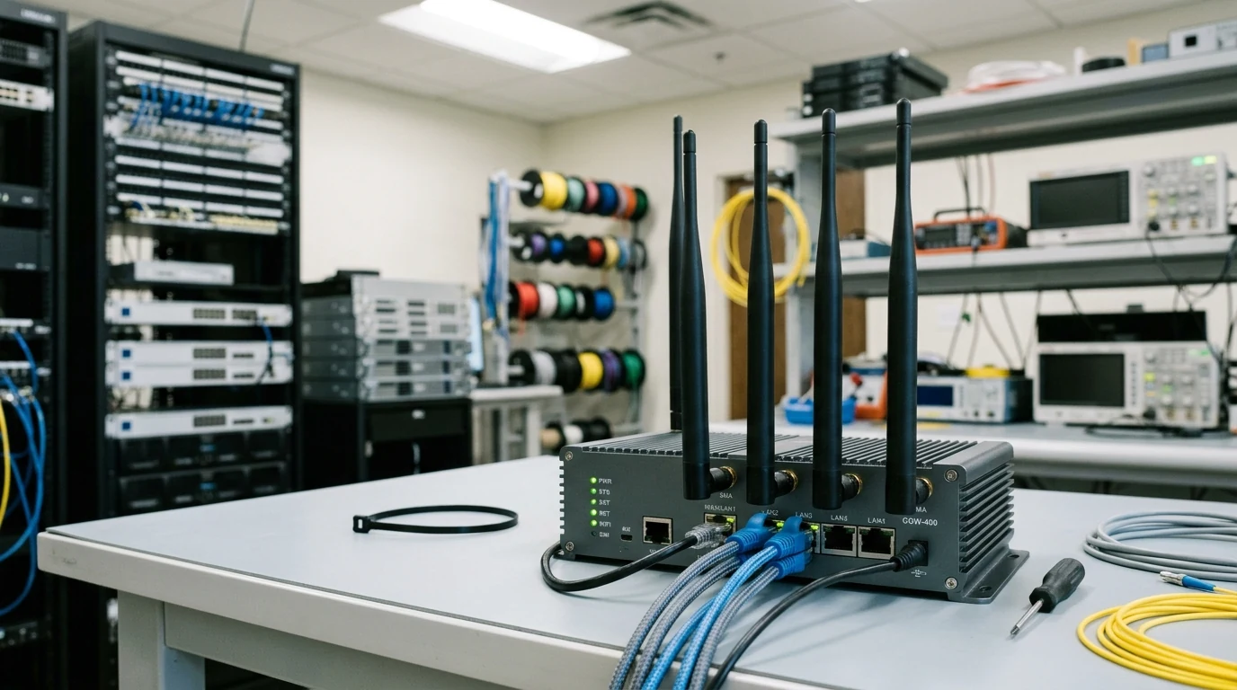 Documentary photograph of a multi-antenna cellular SIM gateway connected via Ethernet in a telecom hardware lab