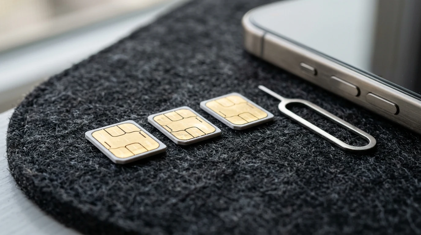 Macro photograph of three physical nano-SIM cards showing metallic gold contacts beside a stainless steel SIM ejector pin and smartphone edge