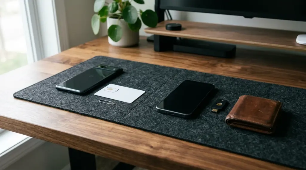 Studio photograph on a dark felt desk mat comparing a smartphone and blank SIM starter card on the left with a private smartphone, USB hardware security key, and leather wallet on the right