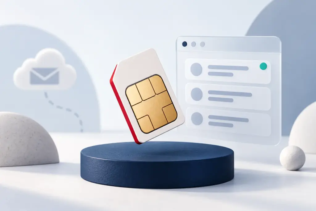 Editorial illustration of a physical SIM card beside an online SMS inbox.