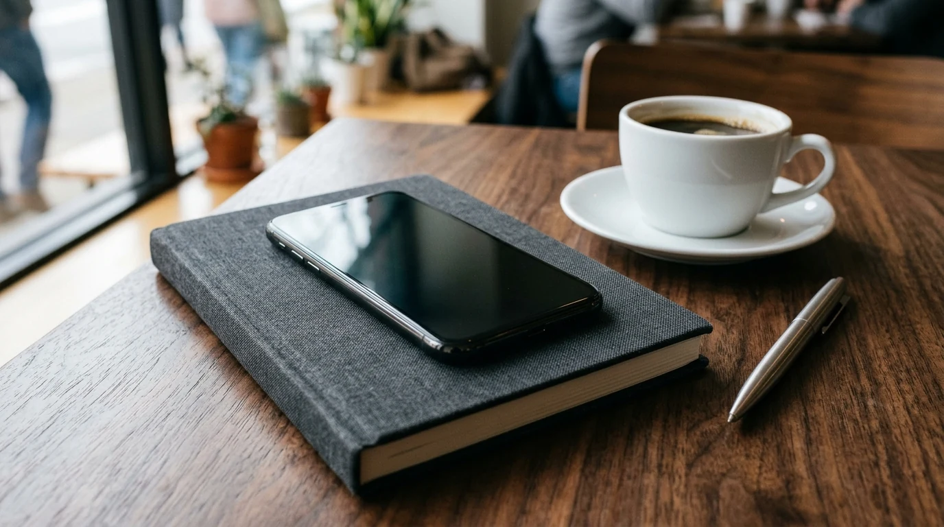 Editorial photograph of a smartphone on a charcoal linen notebook beside a white coffee cup on a wooden table