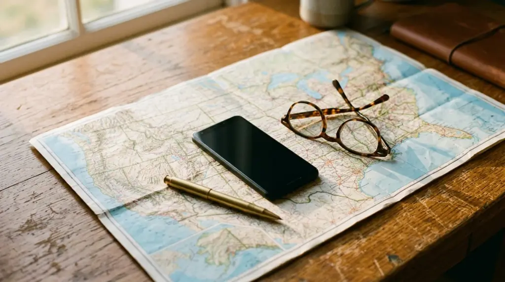 Editorial photograph of a printed map of the United States unfolded on a wooden desk with a smartphone, eyeglasses, and brass pen
