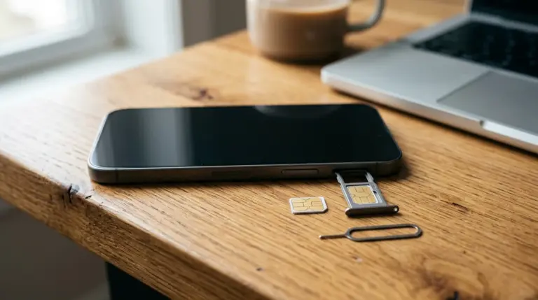 Close-up photograph of a smartphone on an oak desk with its ejected SIM tray, physical nano-SIM card, and steel ejector pin
