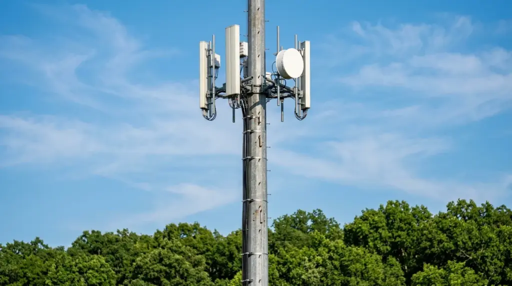 Daytime photograph of an American wireless carrier monopole cell tower with sector antenna arrays against a blue sky