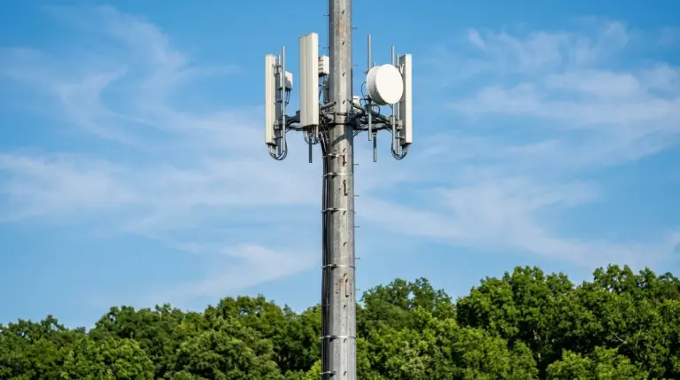 Daytime photograph of an American wireless carrier monopole cell tower with sector antenna arrays against a blue sky
