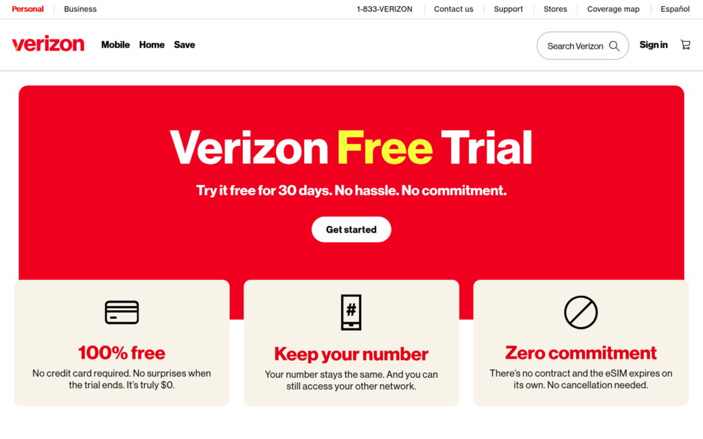 Screenshot of the official Verizon Free Trial page with the Verizon logo and 30-day trial offer.