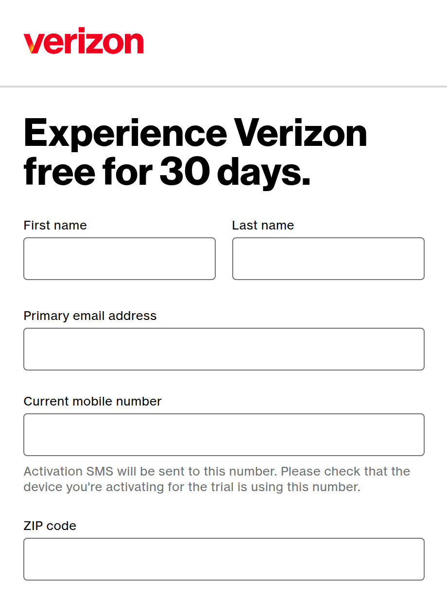 Real Verizon trial application with the Verizon logo and blank name, email, current mobile number and ZIP fields.